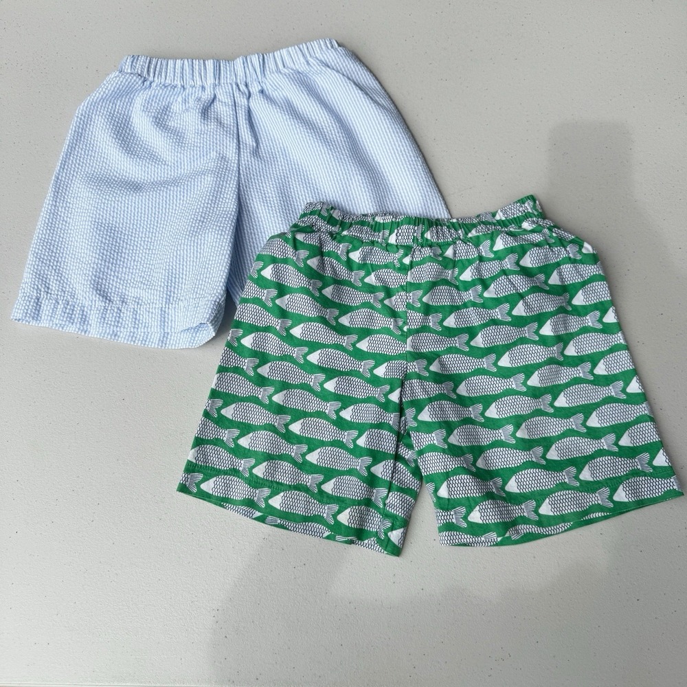 Boys Hannah Kate Shorts Lot Size 6 Blue  Green Fish Print Seersucker Bundle